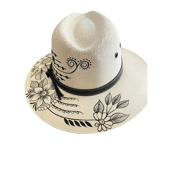 MEXICAN Artisanal Hat Hand Painted Fedora Floral Sombrero Panama Bohemian Large - Picture 6 of 9